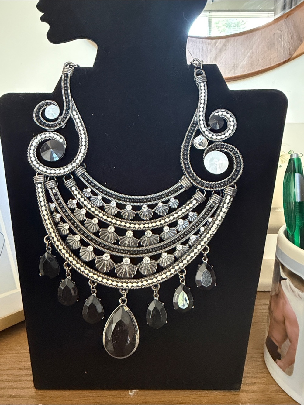 Black and Silver Layered Teardrop Statement Necklace - Women Jewelry